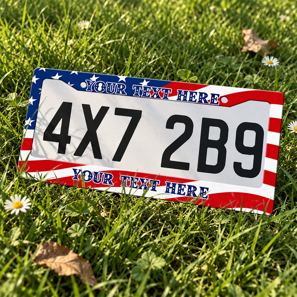 Personalized American Flag license plate frame displayed on a plate outdoors