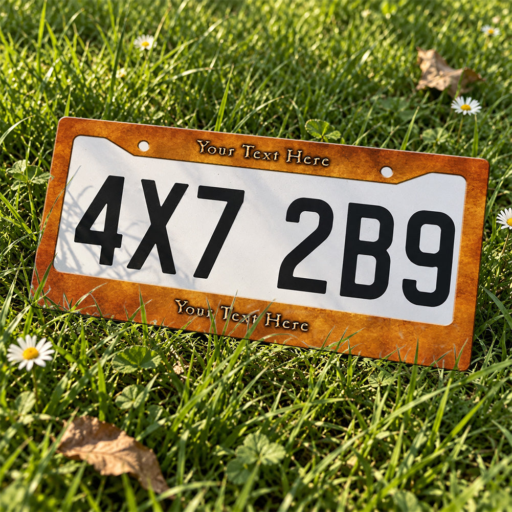 Custom Rustic Burnt Orange license plate frame displayed on a plate outdoors