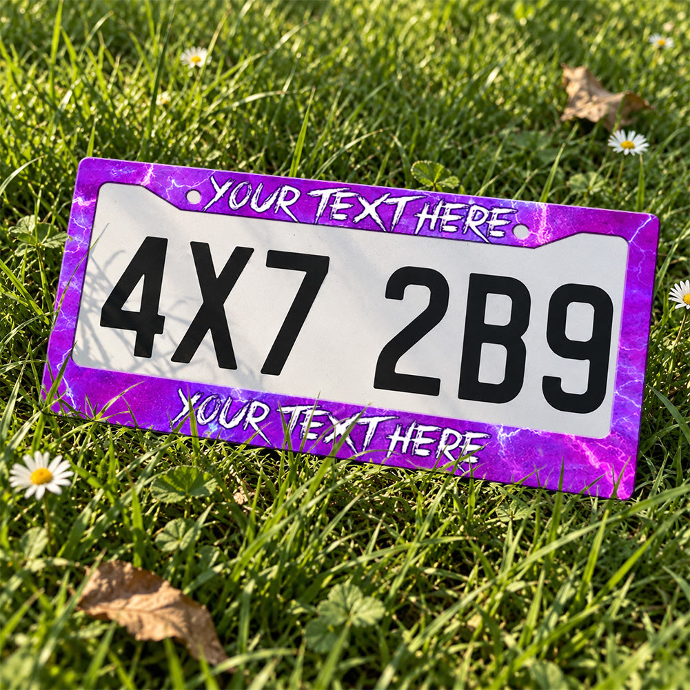 Personalized Purple Lightning License Plate Frame, Custom Text Car Frame