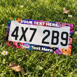 Custom Space Cats and Food license plate frame displayed on a plate outdoors