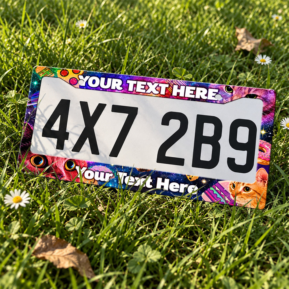 Custom Space Cats and Food license plate frame displayed on a plate outdoors
