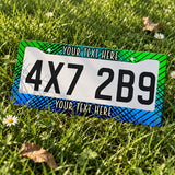 Custom Green and Blue Plaid license plate frame displayed on a plate outdoors