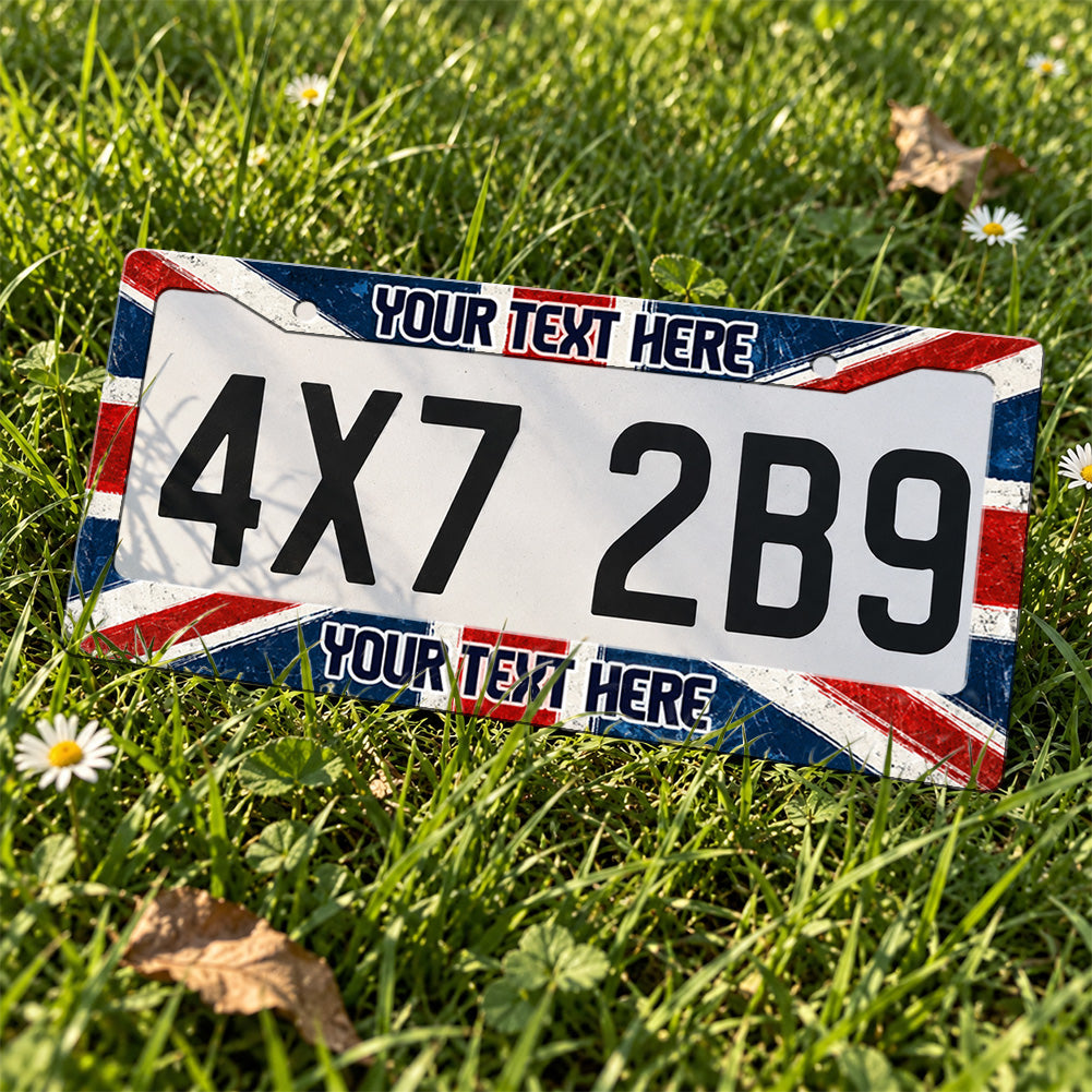 Custom Union Jack license plate frame displayed on a plate outdoors