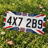 Custom Union Jack license plate frame displayed on a plate outdoors