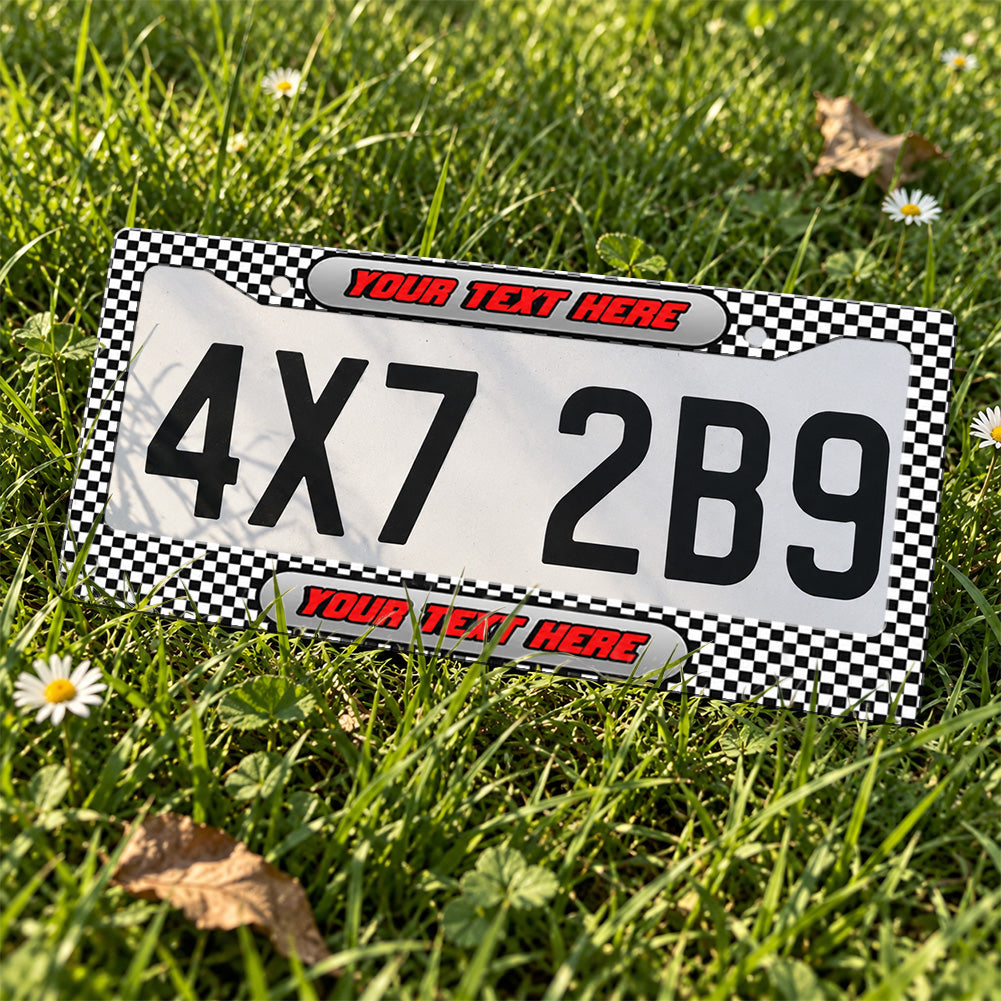 Custom Black and White Checkered Racing license plate frame displayed on a plate outdoors