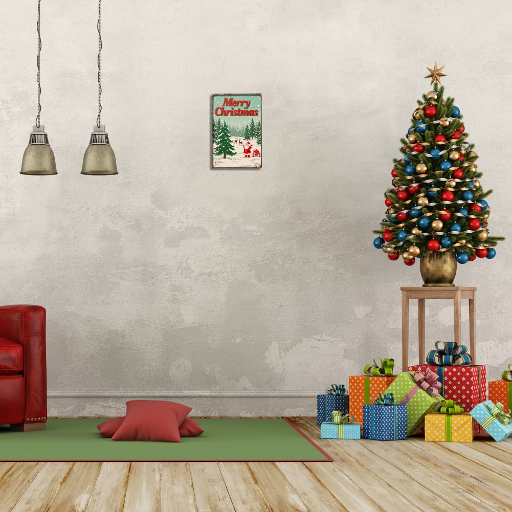 Merry Christmas – Santa with Gifts & Reindeer Snow Scene