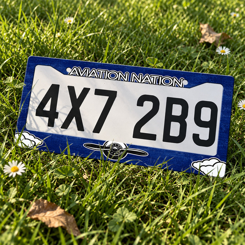 Aviation Nation Vintage Propeller license plate frame displayed on a plate outdoors