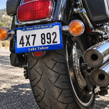 Personalized Lake Tahoe license plate frame installed on a motorcycle