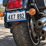 Live to Fly Aviation license plate frame installed on a motorcycle