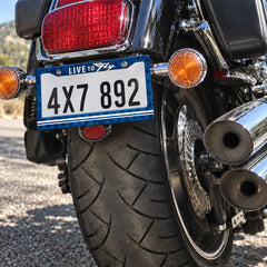 Live to Fly Aviation license plate frame installed on a motorcycle