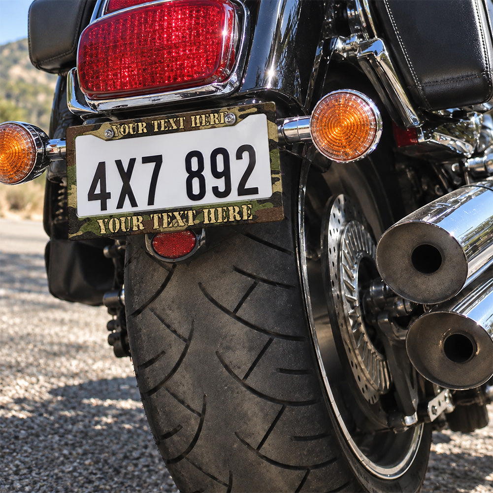 Personalized Woodland Camouflage license plate frame installed on a motorcycle