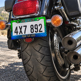 Personalized Green and Blue Plaid license plate frame installed on a motorcycle