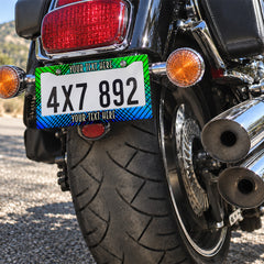 Personalized Green and Blue Plaid license plate frame installed on a motorcycle