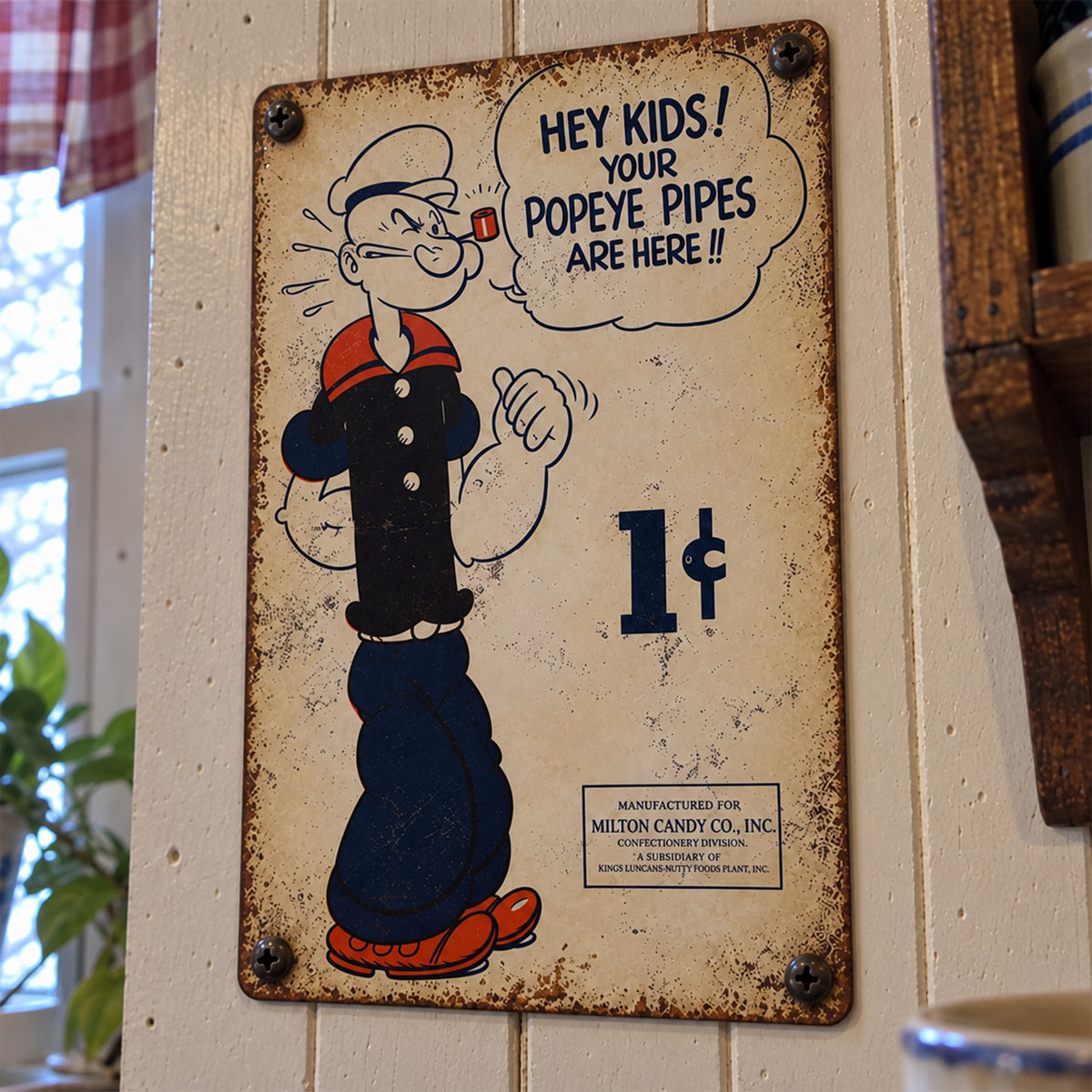 Popeye 1¢ Pipes Vintage Ad Tin Sign