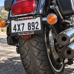 Personalized Carbon Fiber Racing license plate frame installed on a motorcycle