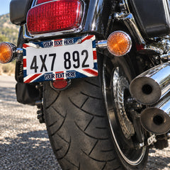 Personalized Union Jack license plate frame installed on a motorcycle