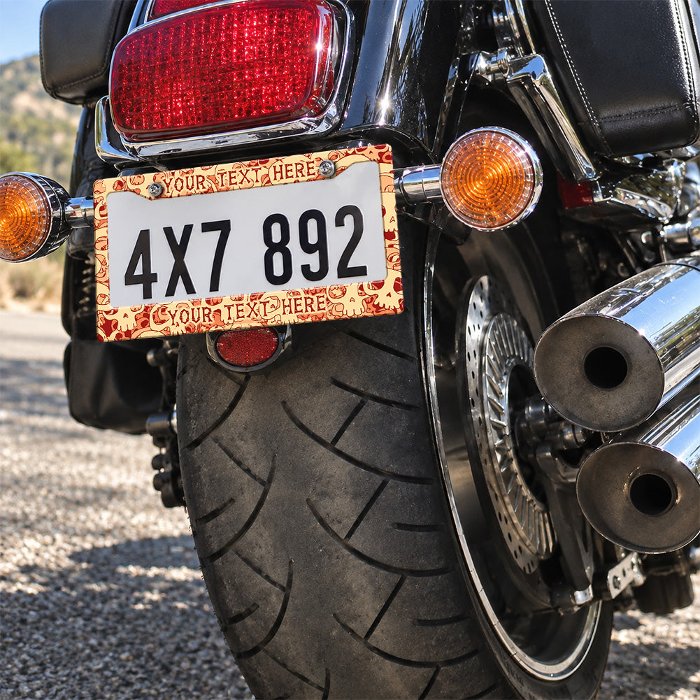 Personalized Skull Pattern license plate frame installed on a motorcycle
