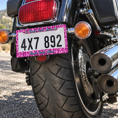 Personalized Pink Leopard Print license plate frame installed on a motorcycle