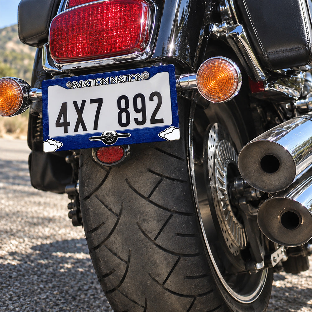 Aviation Nation Vintage Propeller license plate frame installed on a motorcycle