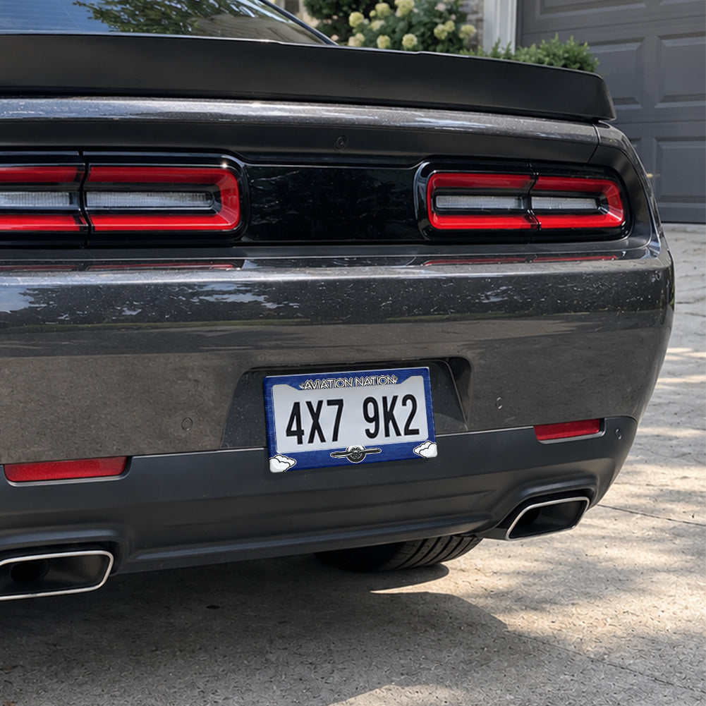 Aviation Nation Vintage Propeller license plate frame installed on a black sports car