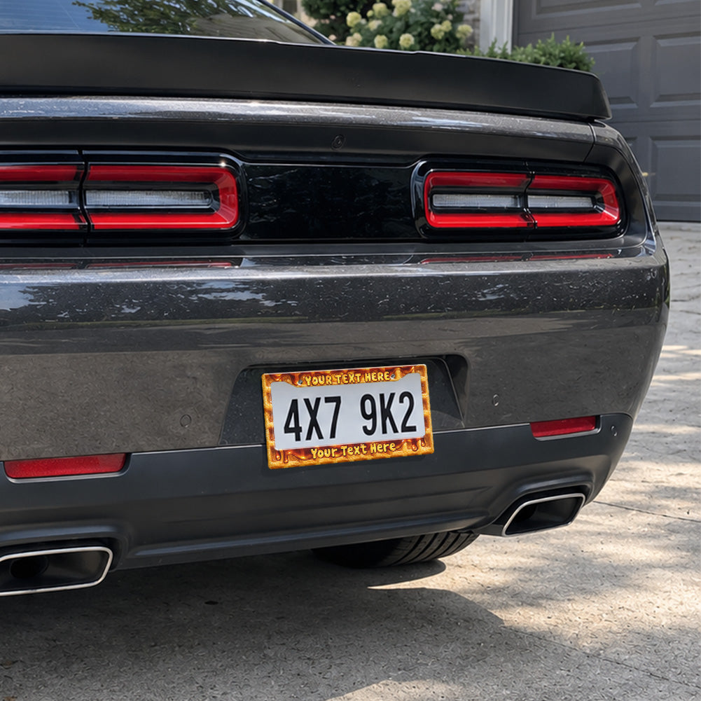 Melting Cheese and Pizza license plate frame installed on a black sports car