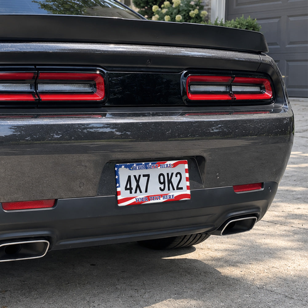 American Flag license plate frame installed on a black sports car
