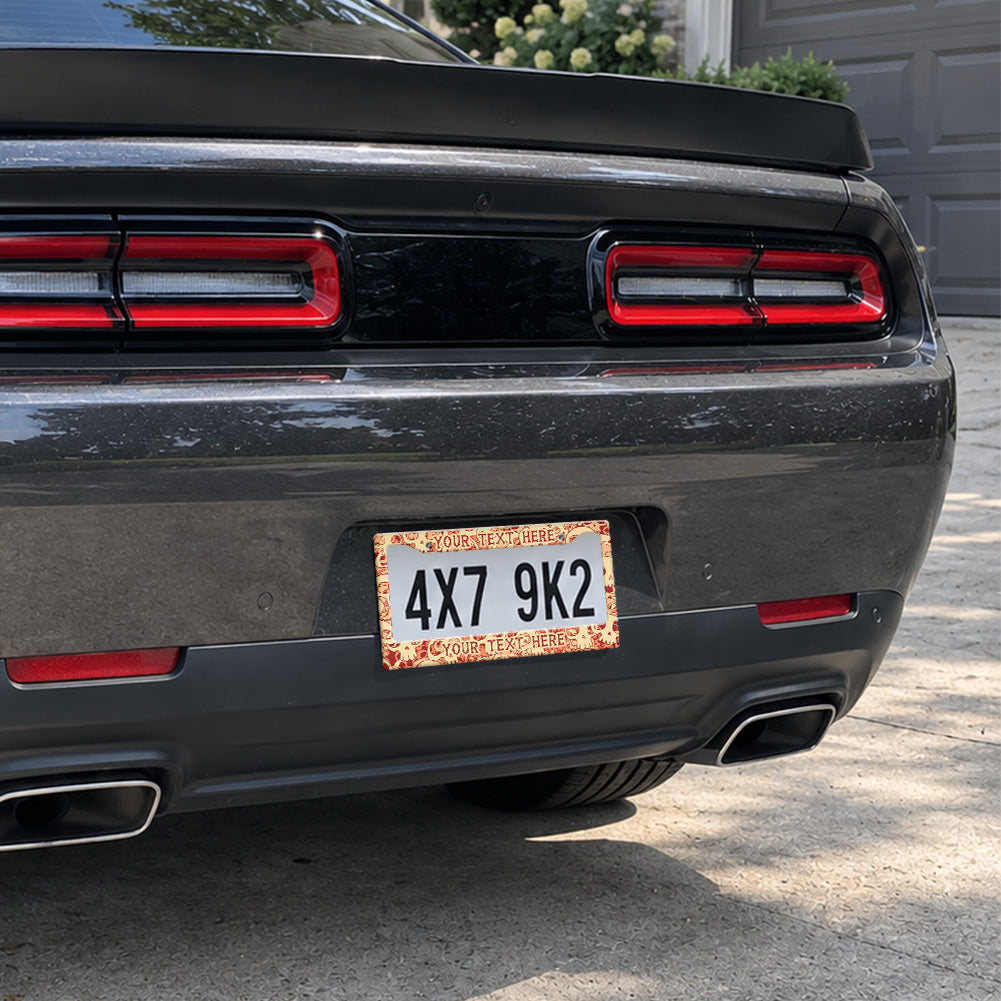 Skull Pattern license plate frame installed on a black sports car