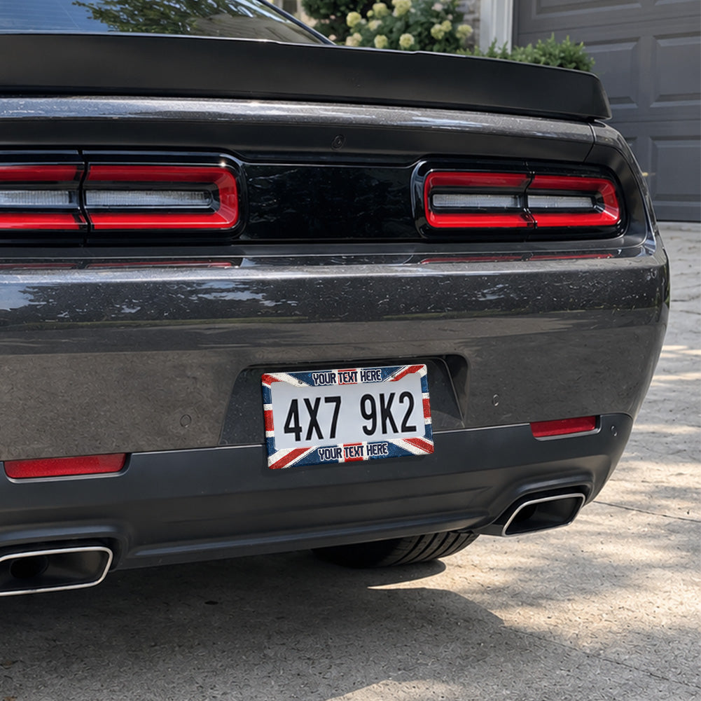 Union Jack license plate frame installed on a black sports car