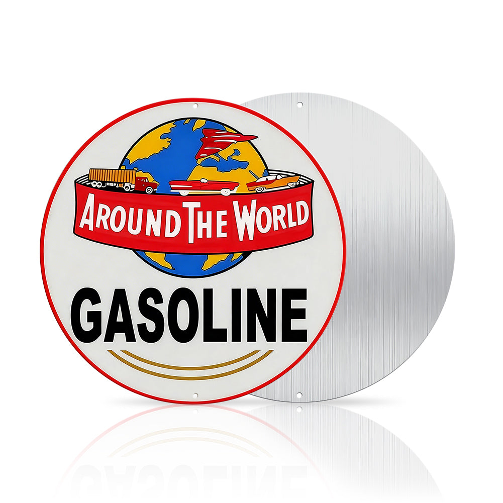 Around The World Gasoline Round Metal Sign