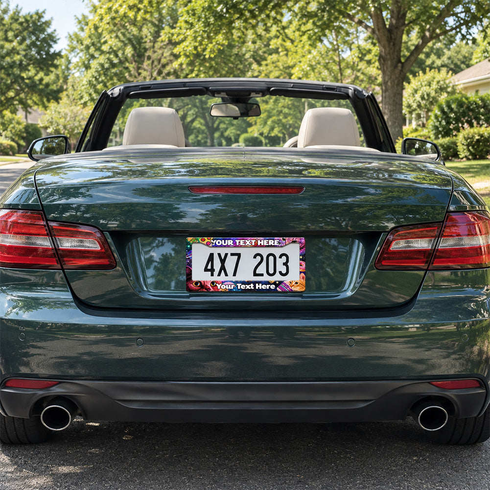 Personalized Space Cats and Food license plate frame installed on a green convertible