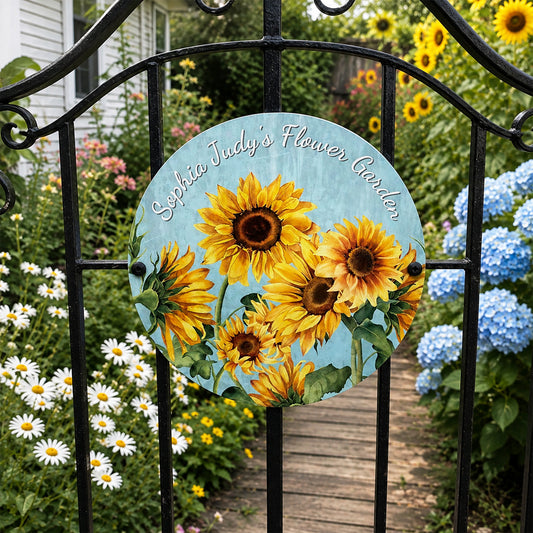Personalized Garden Round Metal Sign, Custom Flower Garden Decor