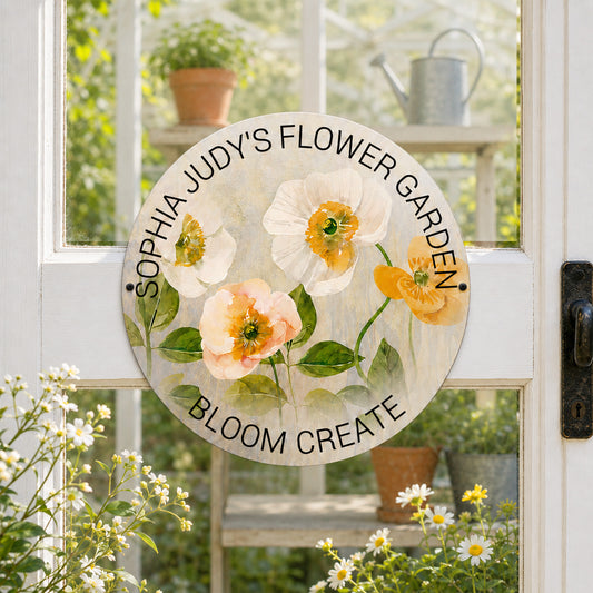Personalized Garden Round Metal Sign, Custom Flower Garden Decor