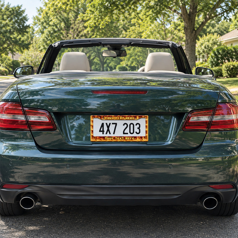 Personalized Melting Cheese and Pizza license plate frame installed on a green convertible