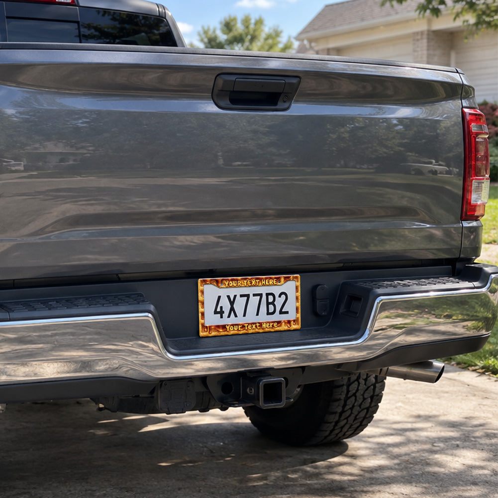 Melting Cheese and Pizza license plate frame installed on a pickup truck