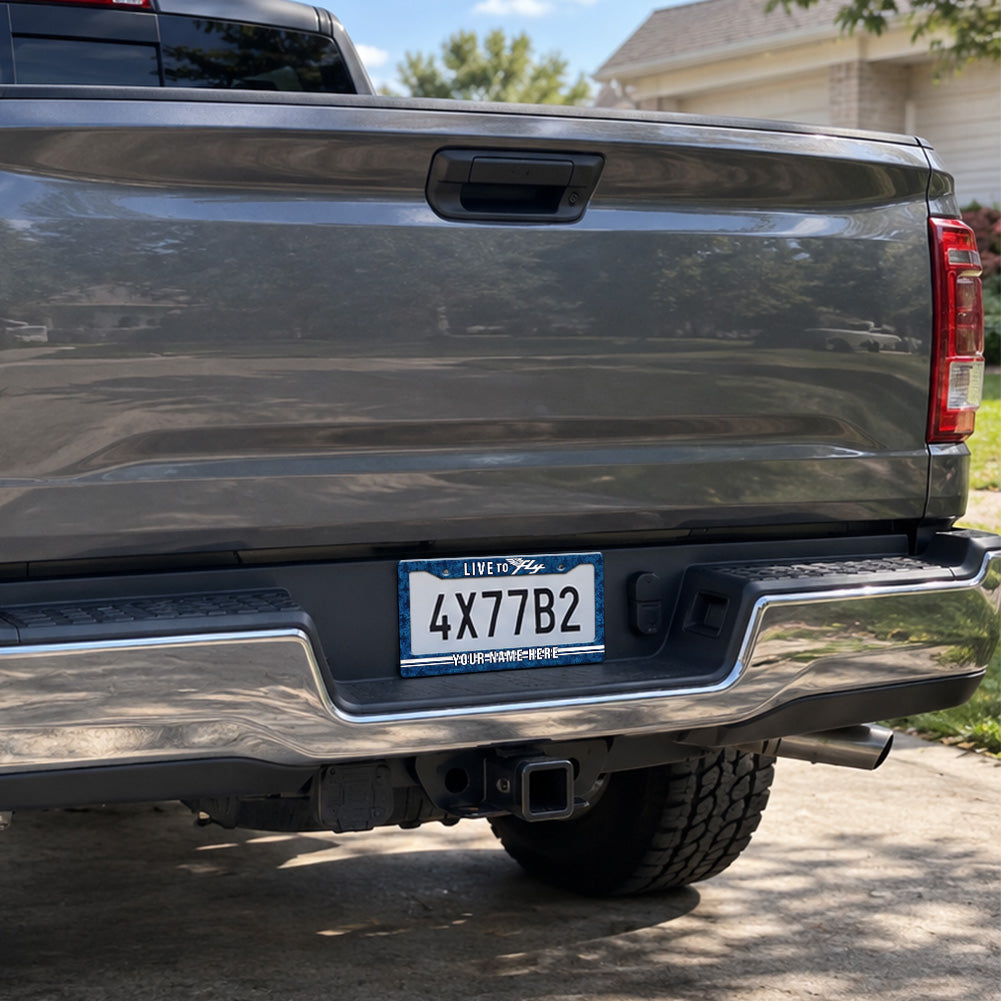 Live to Fly Aviation license plate frame installed on a pickup truck