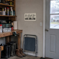 Live Laugh Love Load Aim Fire Metal Sign – Funny Gun Humor Wall Decor