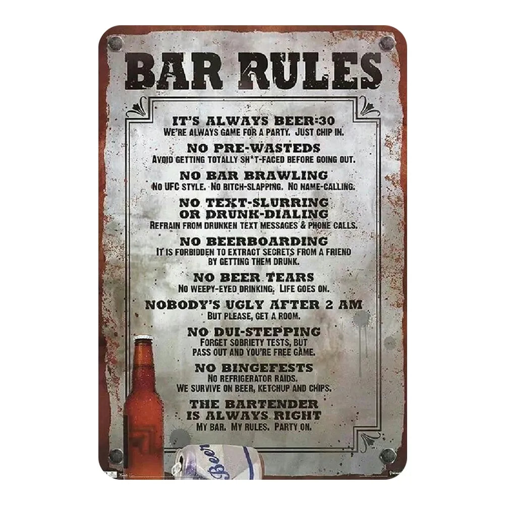 "Bar Rules" Funny Metal Tin Sign