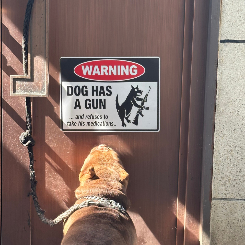 Warning Dog Has A Gun Metal Sign – Funny Dog Lover Yard Decor
